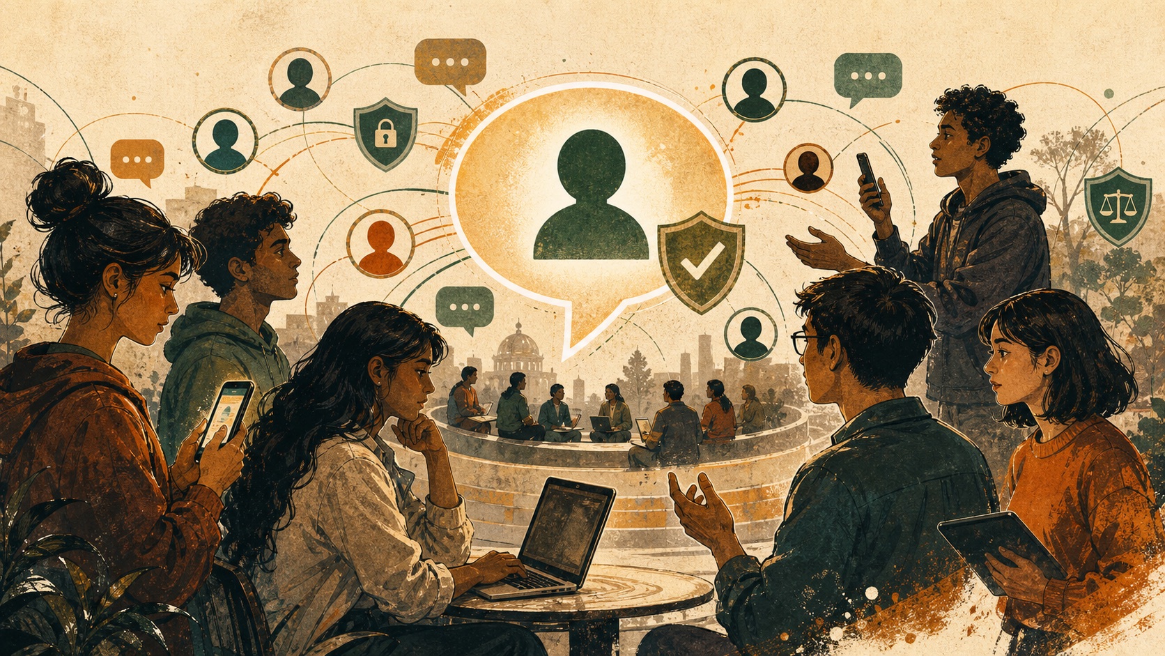 Editorial illustration of an anonymous public voice protected by a civic shield.