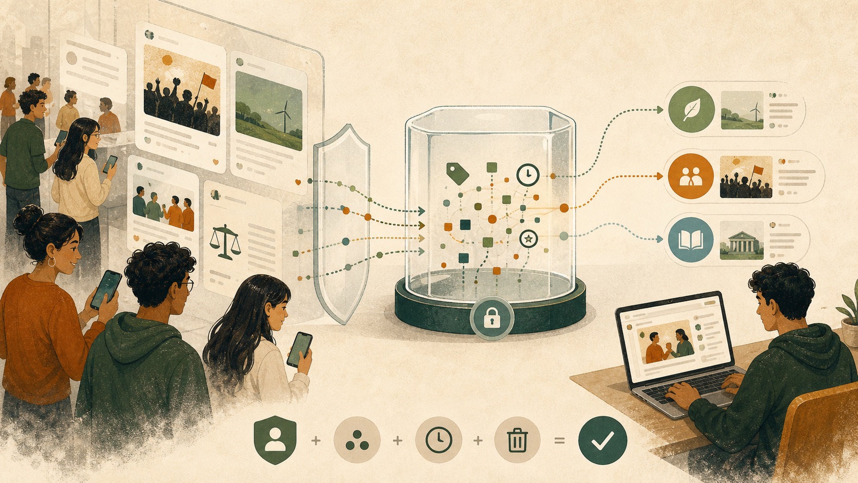 Editorial illustration of pseudonymous personalization signals staying limited and transparent.