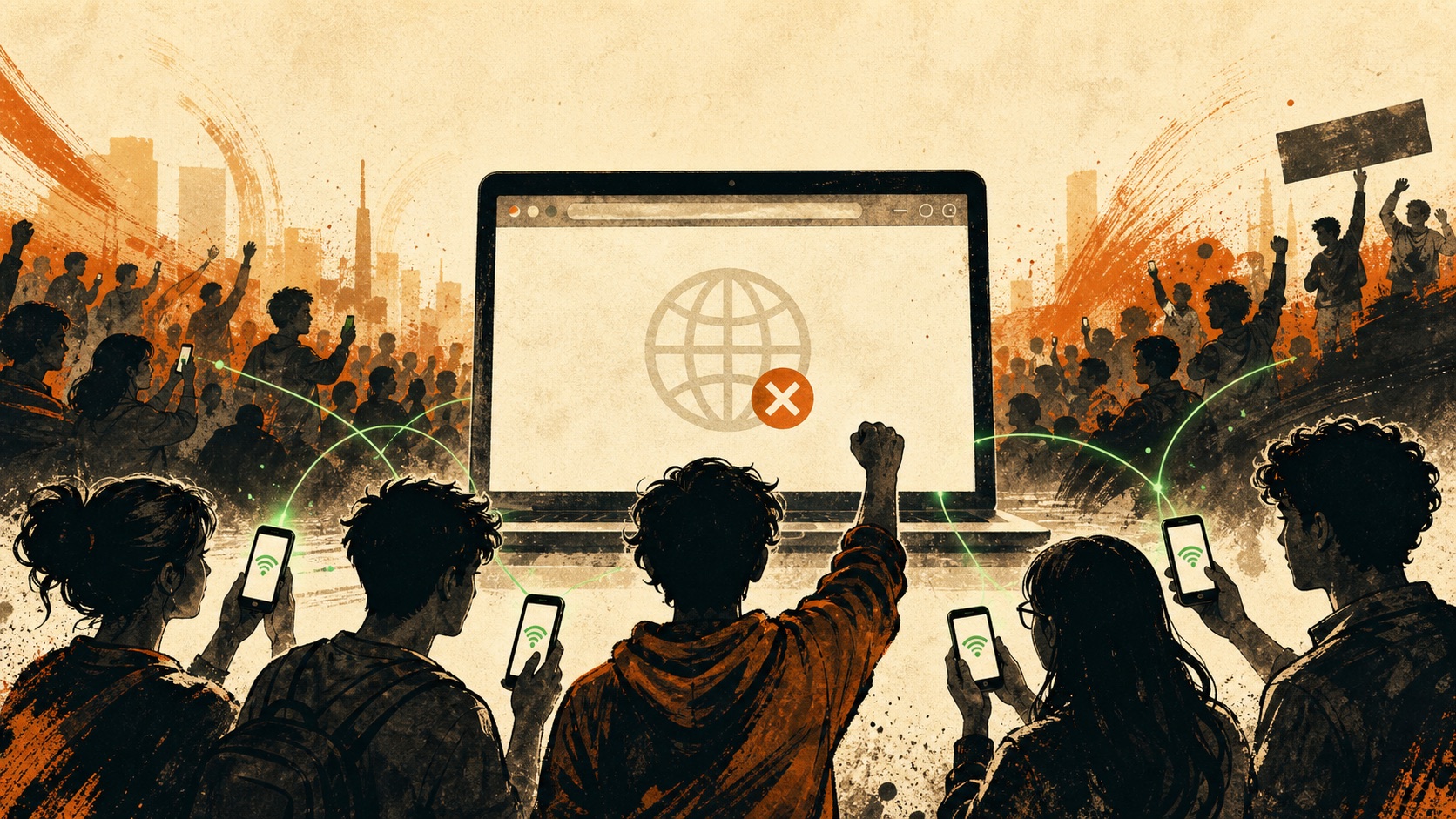 Editorial illustration of the CJP website signal going offline while public voices continue to gather.