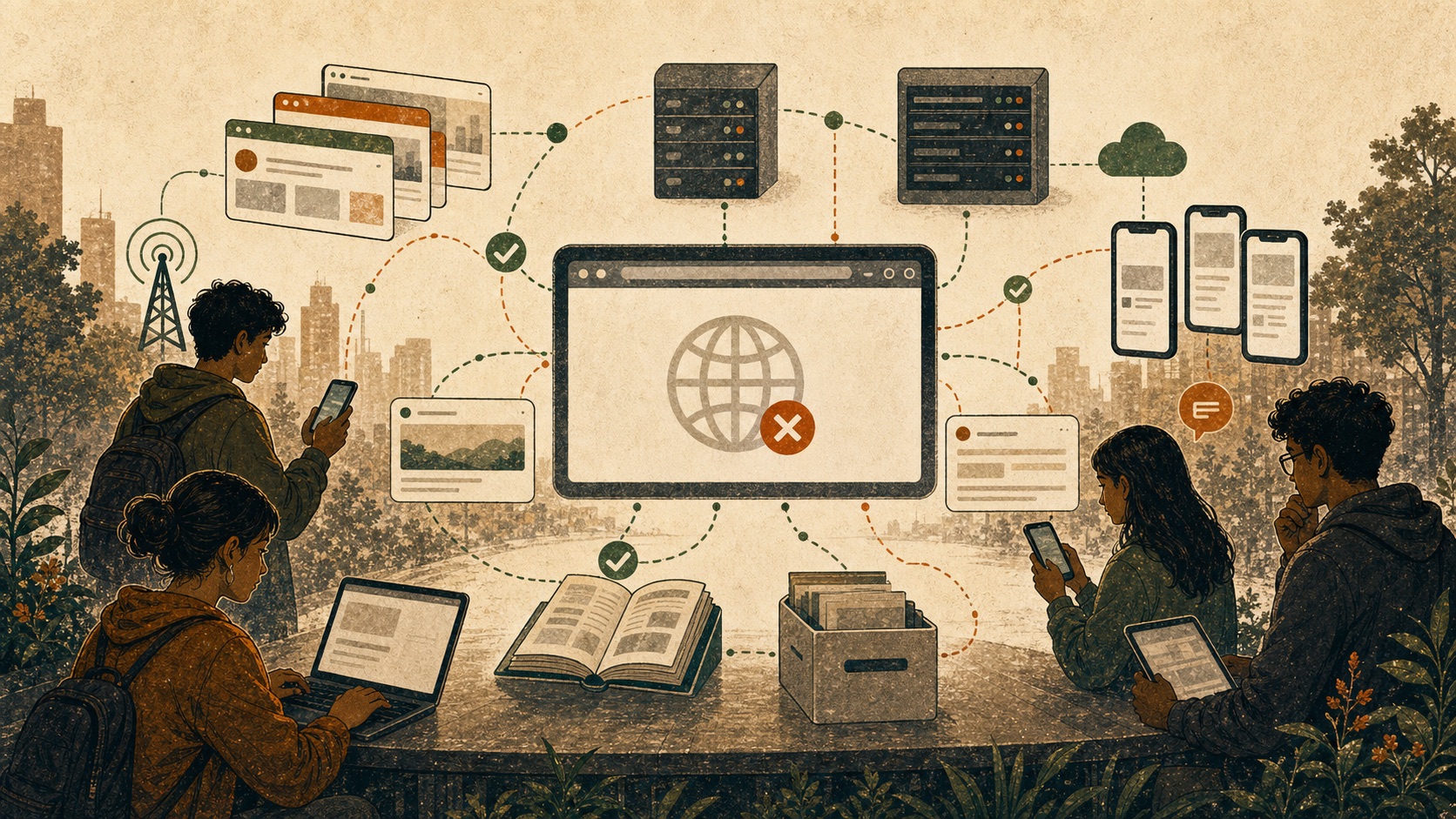 Editorial illustration of redundant community channels preserving public memory after a website outage.