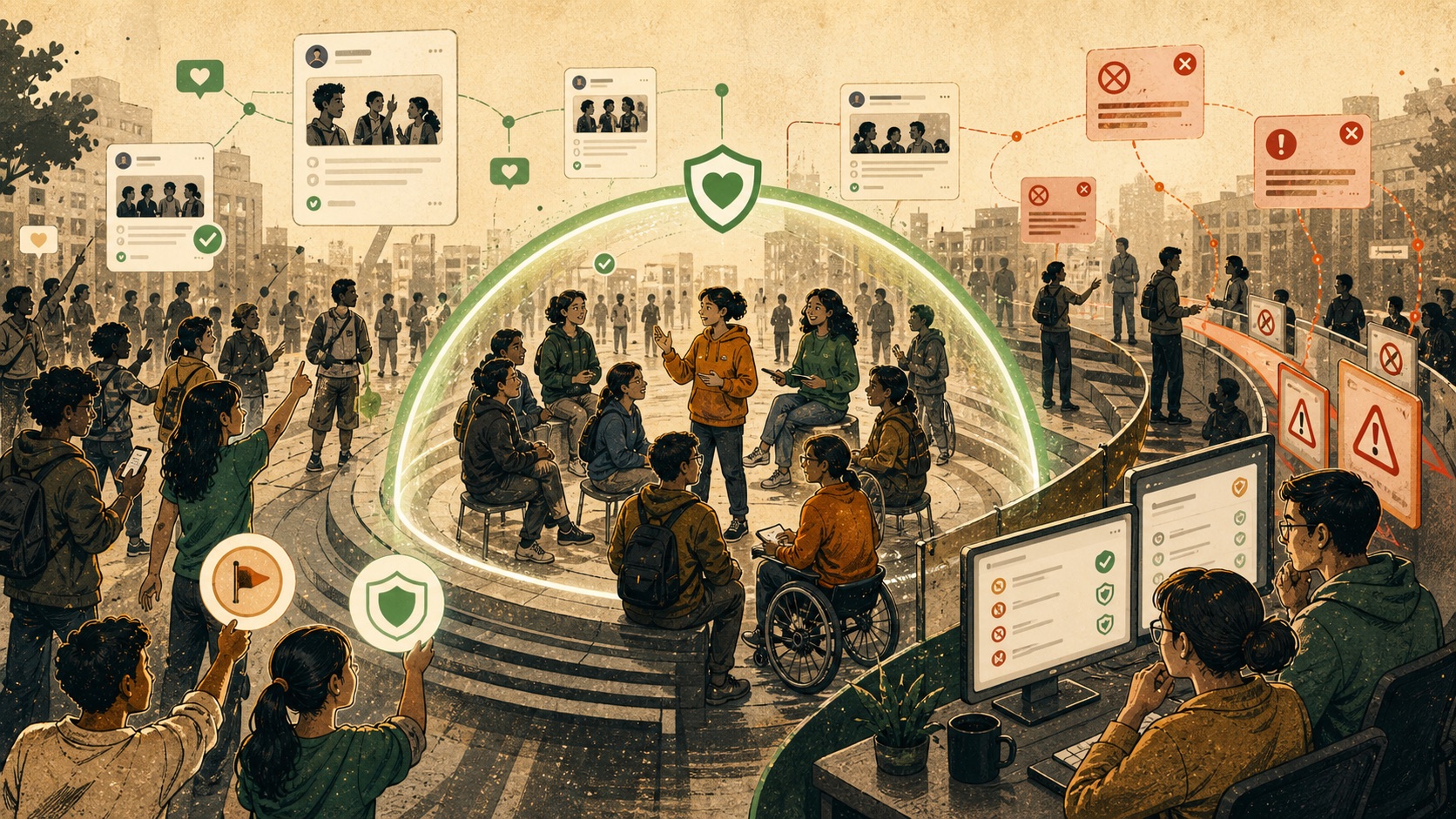 Editorial illustration of reports and admin review protecting a fast democratic youth feed.