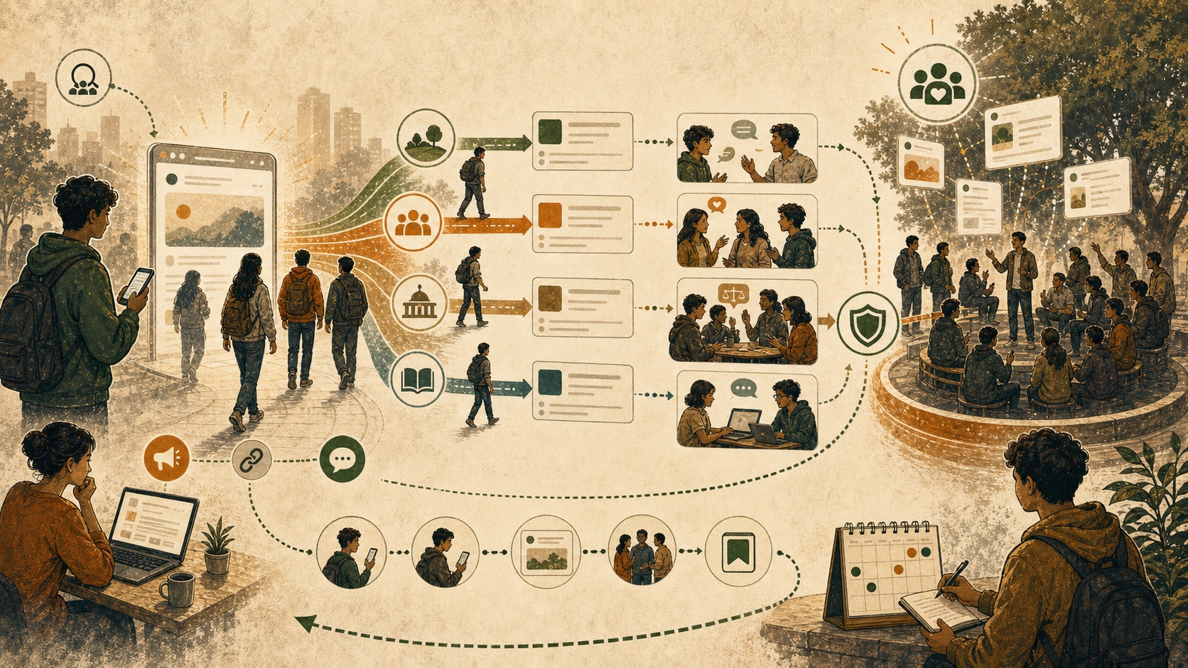 Editorial illustration of early CJP traffic turning into repeat participation and democratic trust.