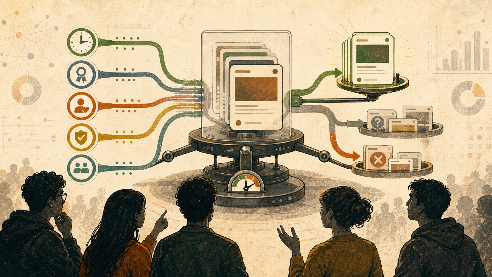 Editorial illustration of CJP feed signals being balanced for quality, freshness, safety, and diversity.