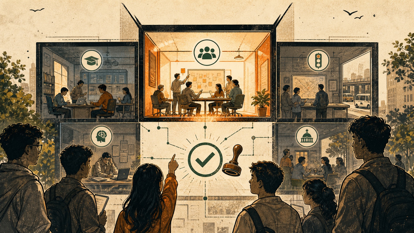 Editorial illustration of approved CJP ministries becoming visible as focused civic rooms.