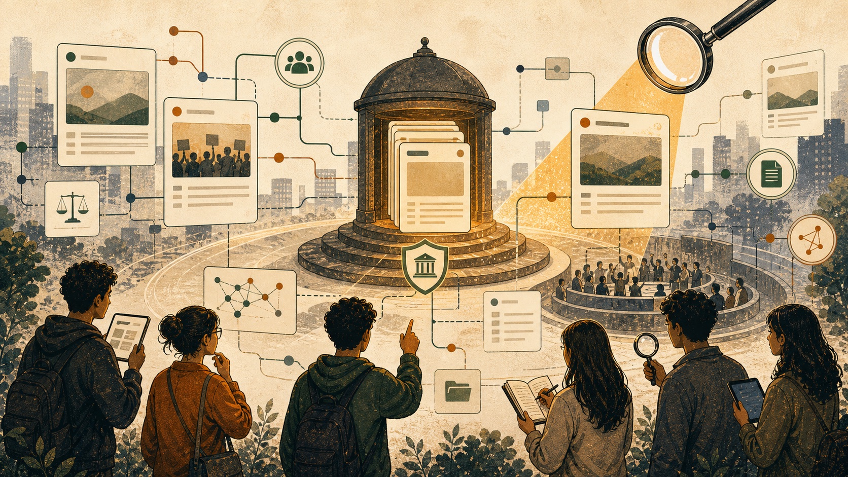 Editorial illustration of CJP blog pages being organised for search, sources, and public memory.