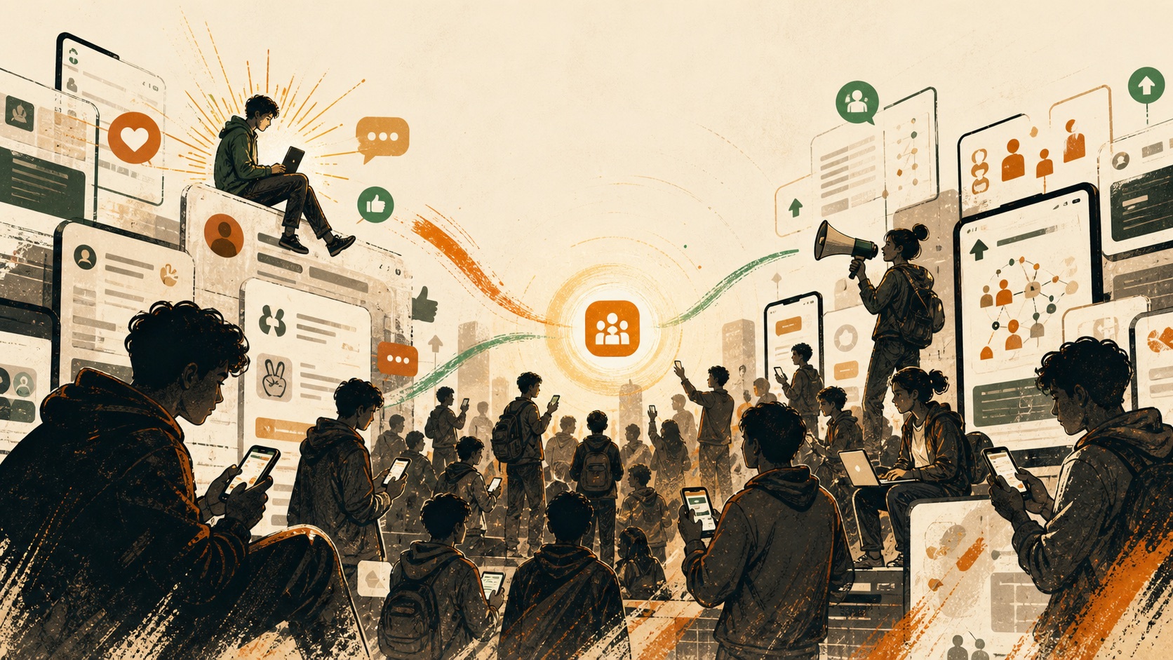 Editorial illustration showing CJP growing from an internet meme into a youth democracy signal.